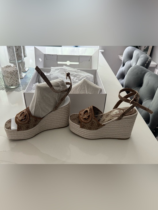 Guess Shoes - GUESS Brown Logo Espadrille Platform Wedge Sandals